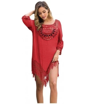 Tops Womens Sexy Crochet Tassel Swimsuit Cover Ups Tunic Kaftans Cover up 3/4 Sleeve Boho Fringe Beach Dress - Red - CX196UES3OC