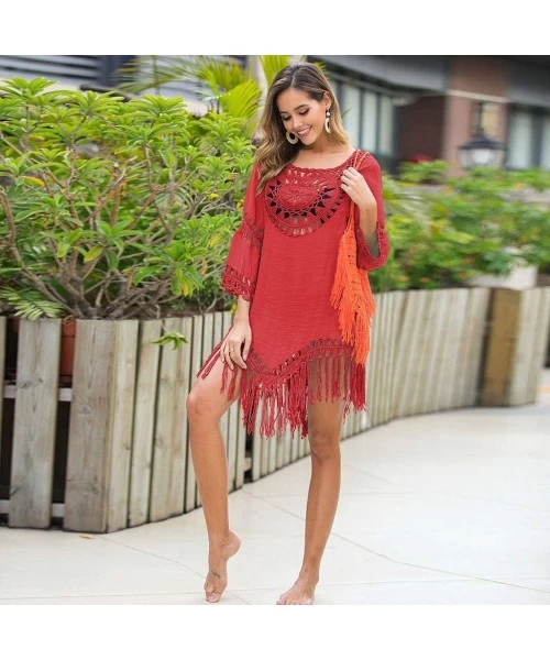 Tops Womens Sexy Crochet Tassel Swimsuit Cover Ups Tunic Kaftans Cover up 3/4 Sleeve Boho Fringe Beach Dress - Red - CX196UES3OC