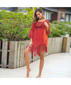 Tops Womens Sexy Crochet Tassel Swimsuit Cover Ups Tunic Kaftans Cover up 3/4 Sleeve Boho Fringe Beach Dress - Red - CX196UES3OC