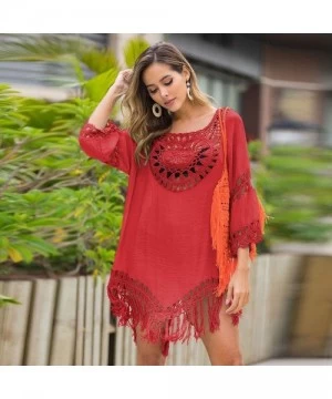 Tops Womens Sexy Crochet Tassel Swimsuit Cover Ups Tunic Kaftans Cover up 3/4 Sleeve Boho Fringe Beach Dress - Red - CX196UES3OC