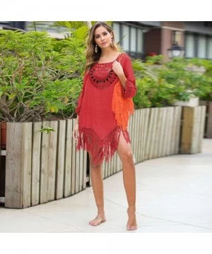 Tops Womens Sexy Crochet Tassel Swimsuit Cover Ups Tunic Kaftans Cover up 3/4 Sleeve Boho Fringe Beach Dress - Red - CX196UES3OC