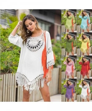 Tops Womens Sexy Crochet Tassel Swimsuit Cover Ups Tunic Kaftans Cover up 3/4 Sleeve Boho Fringe Beach Dress - Red - CX196UES3OC