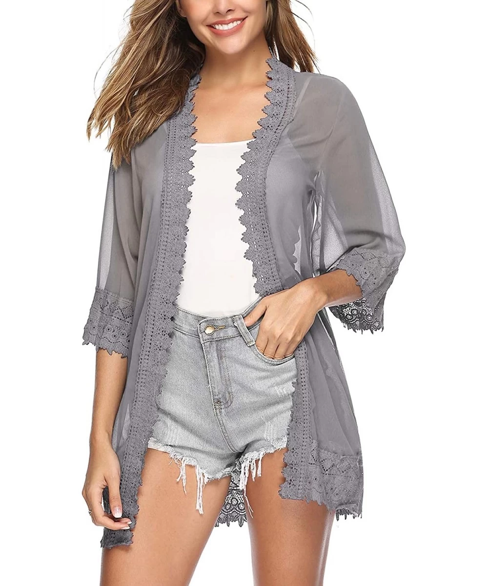 Cover-Ups Lace Kimono Cardigan for Women Casual Blouse Chiffon Cover up for Beach Bikini Swimsuit - Gray - CL19CD5UXMD