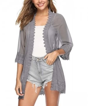 Cover-Ups Lace Kimono Cardigan for Women Casual Blouse Chiffon Cover up for Beach Bikini Swimsuit - Gray - CL19CD5UXMD