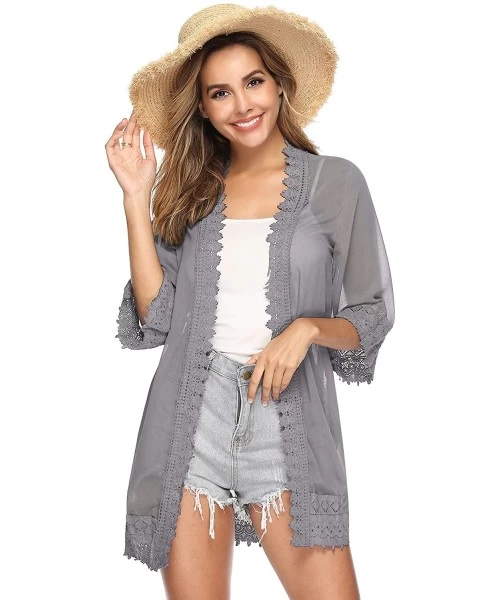 Cover-Ups Lace Kimono Cardigan for Women Casual Blouse Chiffon Cover up for Beach Bikini Swimsuit - Gray - CL19CD5UXMD