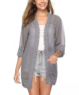 Cover-Ups Lace Kimono Cardigan for Women Casual Blouse Chiffon Cover up for Beach Bikini Swimsuit - Gray - CL19CD5UXMD