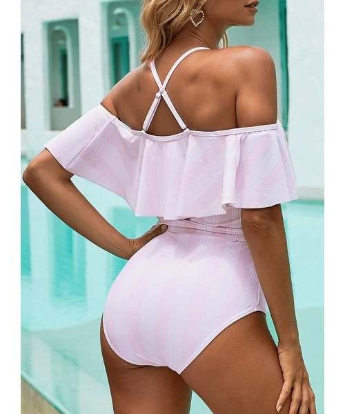 One-Pieces Sexy One Piece Swimsuits for Women Tummy Control Off Shoulder Striped Flounce Ruffle Lace-up Bathing Suit - Pink -...