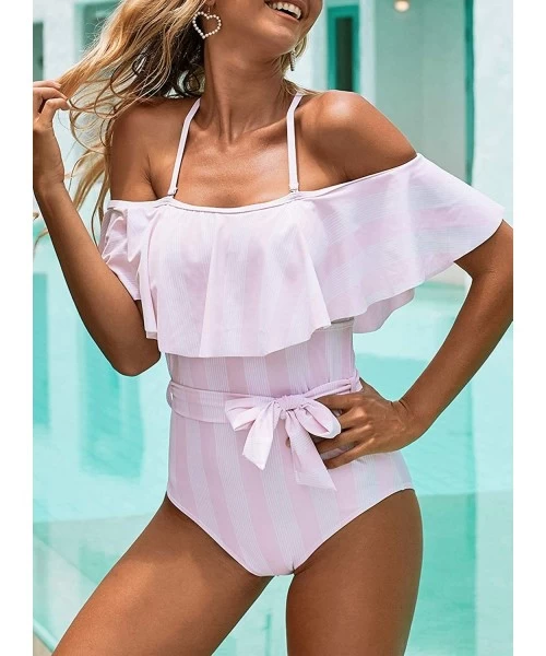 One-Pieces Sexy One Piece Swimsuits for Women Tummy Control Off Shoulder Striped Flounce Ruffle Lace-up Bathing Suit - Pink -...