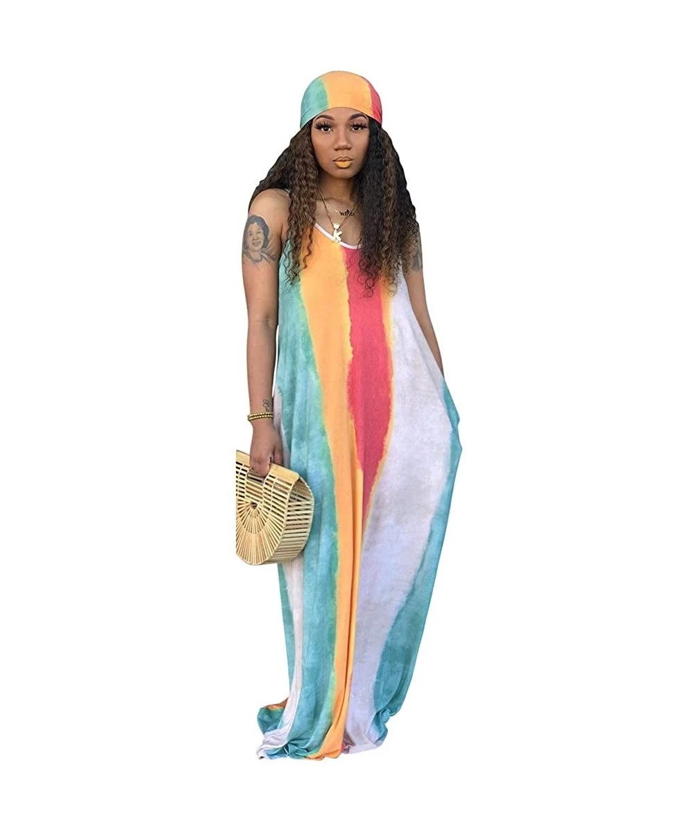 Cover-Ups Women's Tie Dye Loose Stripes Sundress Baggy Sexy Spaghetti Straps Boho Maxi Dress with Pockets Belt - B-blue - C71...