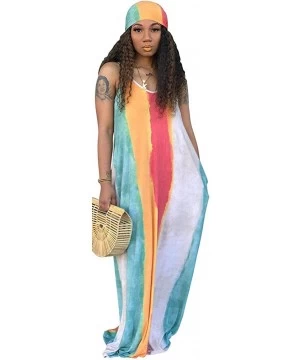 Cover-Ups Women's Tie Dye Loose Stripes Sundress Baggy Sexy Spaghetti Straps Boho Maxi Dress with Pockets Belt - B-blue - C71...