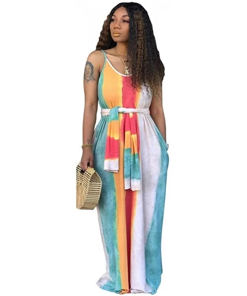 Cover-Ups Women's Tie Dye Loose Stripes Sundress Baggy Sexy Spaghetti Straps Boho Maxi Dress with Pockets Belt - B-blue - C71...