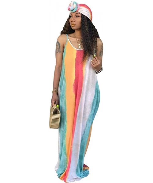 Cover-Ups Women's Tie Dye Loose Stripes Sundress Baggy Sexy Spaghetti Straps Boho Maxi Dress with Pockets Belt - B-blue - C71...