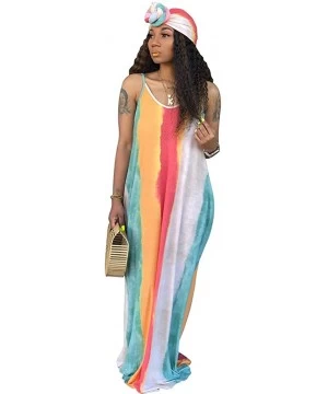 Cover-Ups Women's Tie Dye Loose Stripes Sundress Baggy Sexy Spaghetti Straps Boho Maxi Dress with Pockets Belt - B-blue - C71...