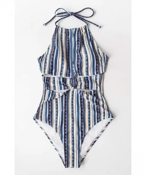 One-Pieces Women's Boho Stripe Self Tie Halter Cutout One Piece Swimsuit - Multicolored - CS18Z48HC0C