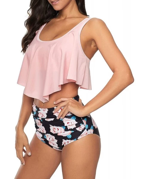 Sets Biniki Swimsuits for Women Two Piece Bathing Suits High Waist Swimwear Ruffled Tankini Top with Swim Bottom Pink Flower ...