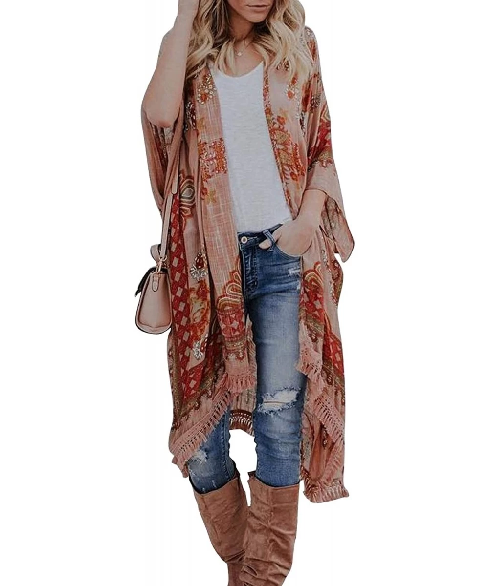 Cover-Ups Women Printed Kimono Beach Cover Up Loose Cardigan Top - Apricot - CX195WQEWT8