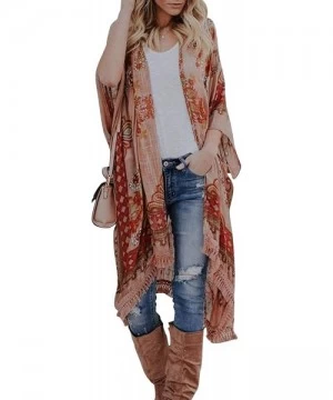 Cover-Ups Women Printed Kimono Beach Cover Up Loose Cardigan Top - Apricot - CX195WQEWT8