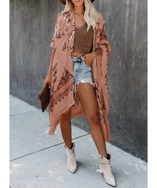 Cover-Ups Women Printed Kimono Beach Cover Up Loose Cardigan Top - Apricot - CX195WQEWT8