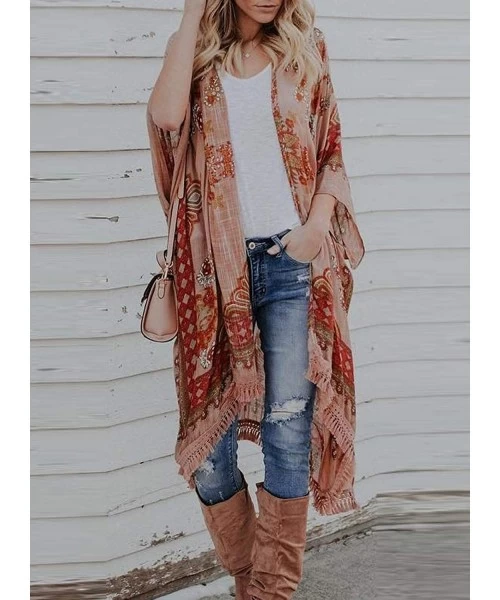 Cover-Ups Women Printed Kimono Beach Cover Up Loose Cardigan Top - Apricot - CX195WQEWT8