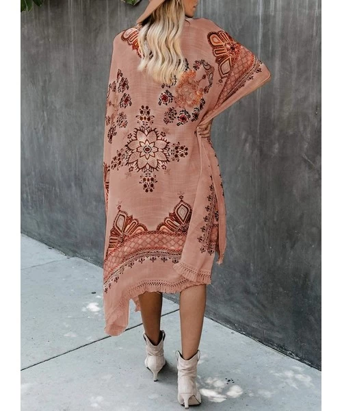 Cover-Ups Women Printed Kimono Beach Cover Up Loose Cardigan Top - Apricot - CX195WQEWT8