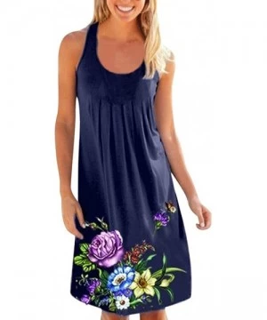 Cover-Ups Womens Summer Dress Casual Sleeveless Mini Floral Printed Plain Pleated Tank Vest Dresses for Women Z2 dark Blue - ...