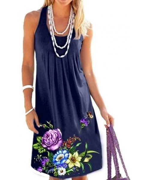 Cover-Ups Womens Summer Dress Casual Sleeveless Mini Floral Printed Plain Pleated Tank Vest Dresses for Women Z2 dark Blue - ...