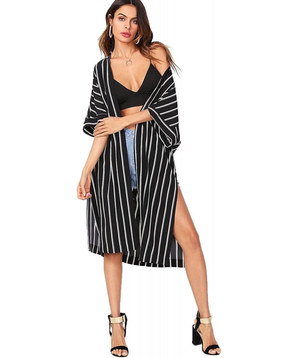 Cover-Ups Women's Striped Beach Wear Cover up Longline Kimono Cardigan - Black - CI18D85YYN9