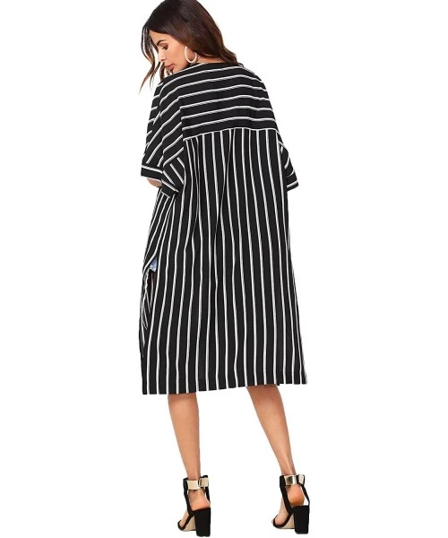 Cover-Ups Women's Striped Beach Wear Cover up Longline Kimono Cardigan - Black - CI18D85YYN9