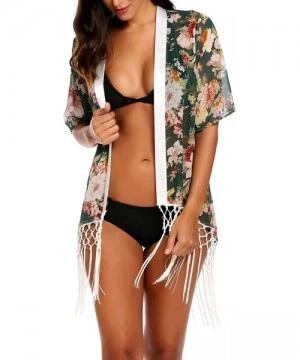 Cover-Ups Women's Floral Printed Chiffon Loose Kimono Cardigan Beach Cover Up Capes - Green - CN184X7N3LX