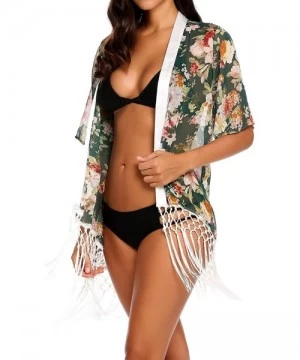 Cover-Ups Women's Floral Printed Chiffon Loose Kimono Cardigan Beach Cover Up Capes - Green - CN184X7N3LX