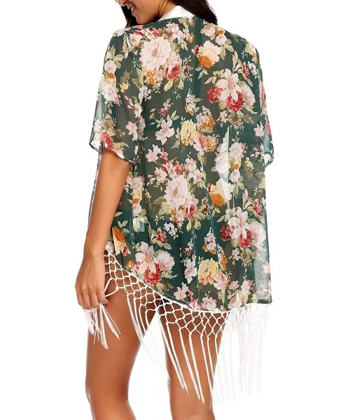 Cover-Ups Women's Floral Printed Chiffon Loose Kimono Cardigan Beach Cover Up Capes - Green - CN184X7N3LX