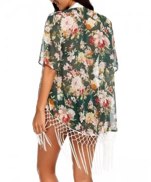 Cover-Ups Women's Floral Printed Chiffon Loose Kimono Cardigan Beach Cover Up Capes - Green - CN184X7N3LX