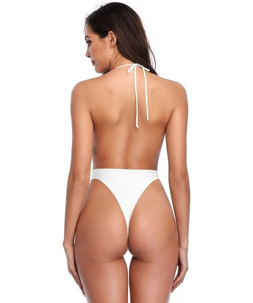 One-Pieces Women's Halter V Neck Backless Brazilian Thong One Piece Swimsuits - Venice White - CU18NZUTI4S