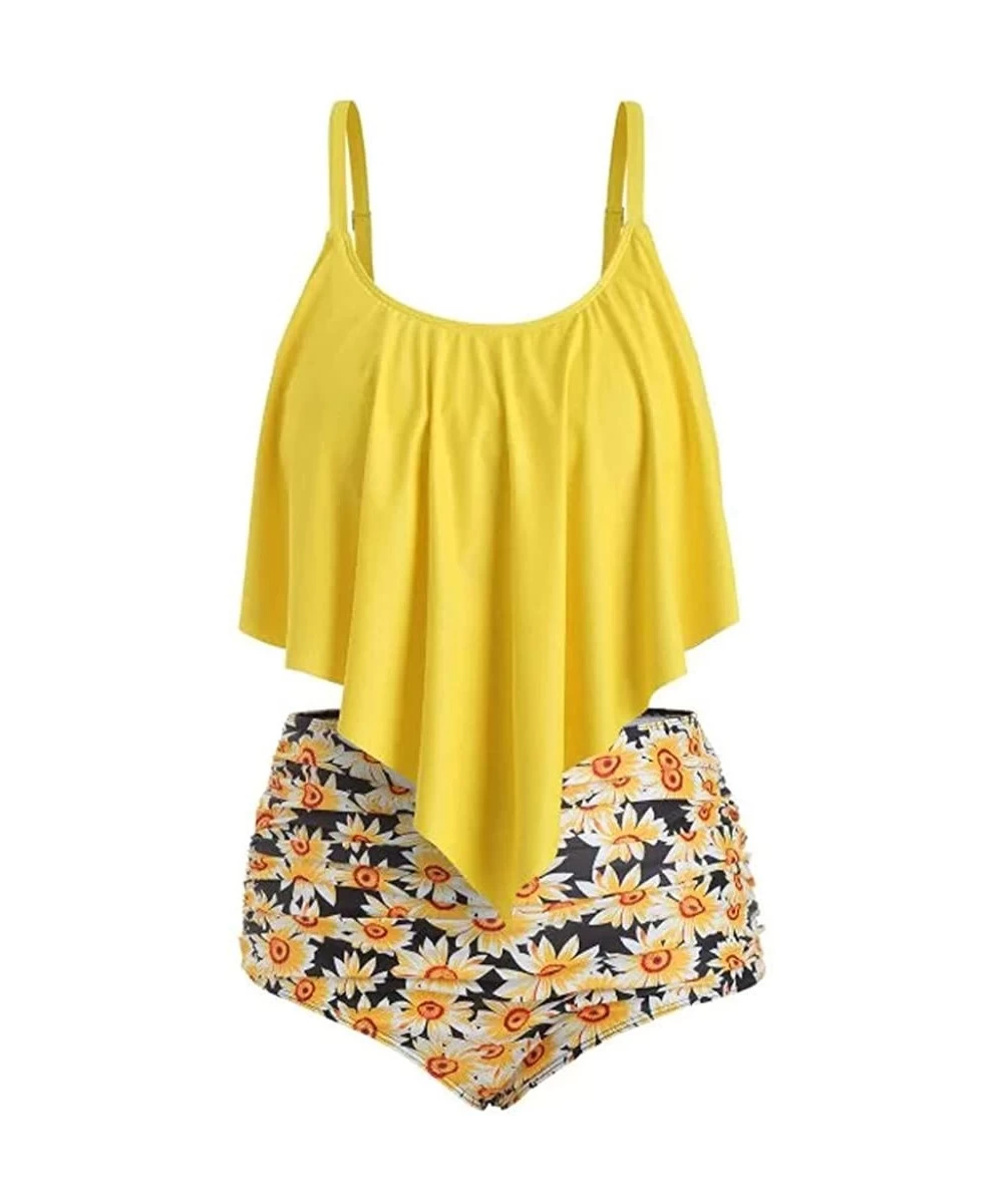 Sets Women High Waist Flounce Tankini Set Solid Floral Print Two Pieces Sexy Sunflower Bathing Suits Ruffled Swimsuit Yellow ...