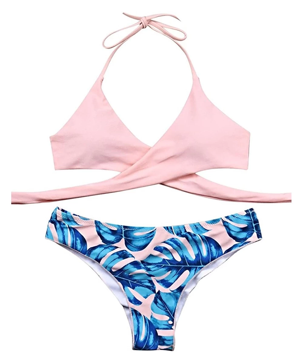 Sets Women Front Cross Halter Push up Bikini Floral Bottom 2 Piece Cute Swimsuits - Pink - CG18E82AXGL