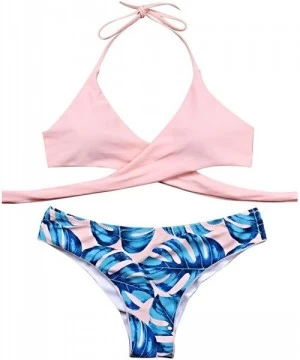 Sets Women Front Cross Halter Push up Bikini Floral Bottom 2 Piece Cute Swimsuits - Pink - CG18E82AXGL