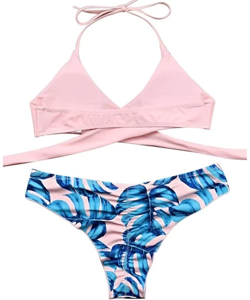 Sets Women Front Cross Halter Push up Bikini Floral Bottom 2 Piece Cute Swimsuits - Pink - CG18E82AXGL