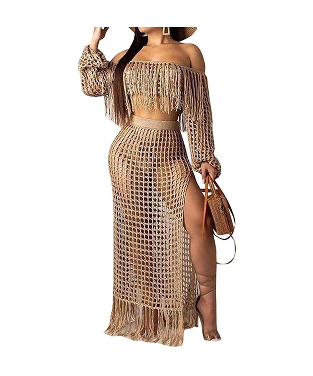 Cover-Ups Tassel Crochet Maxi Dresses for Women 2 Piece Crop Top Maxi Skirt Set Beach Outfits Bohemian Long Dress - Khaki - C...