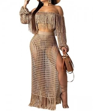 Cover-Ups Tassel Crochet Maxi Dresses for Women 2 Piece Crop Top Maxi Skirt Set Beach Outfits Bohemian Long Dress - Khaki - C...