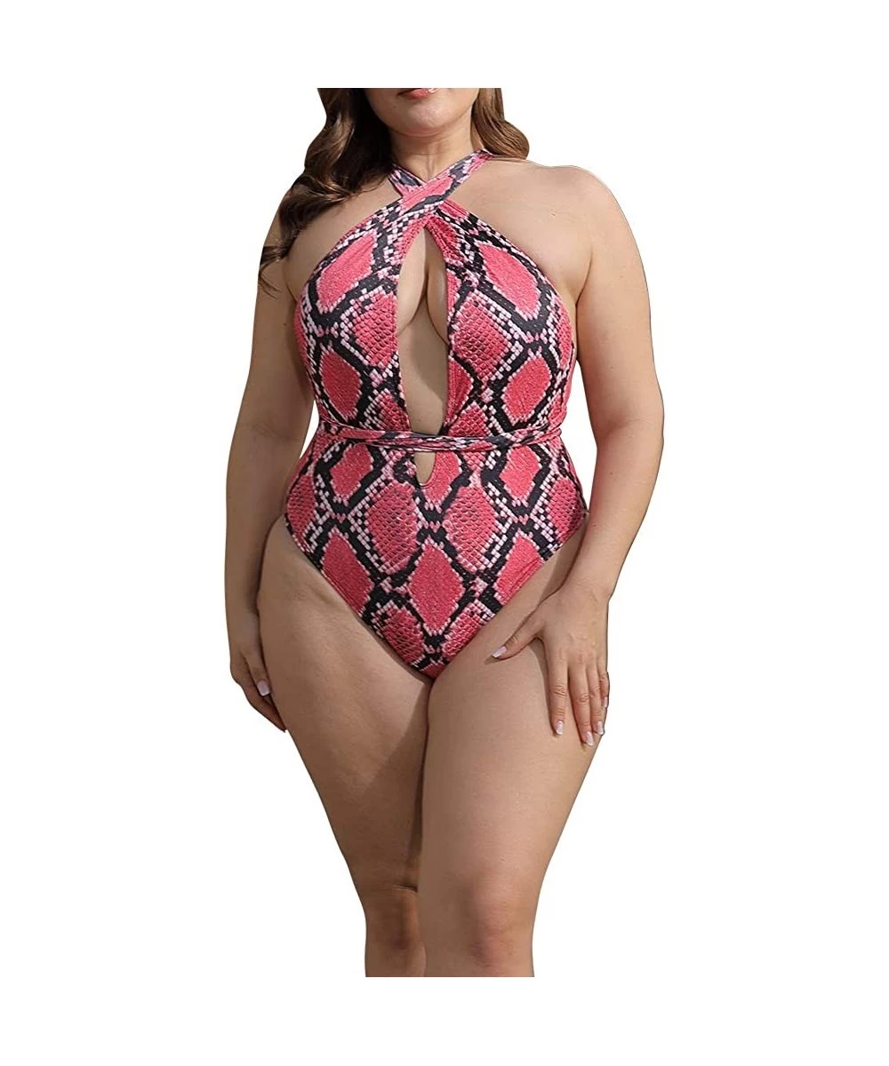 One-Pieces Women Plus Size Swimsuits One Piece Sexy Deep V Self Tie Halter Monokinis - Bk11 Red Snakeskin - CU1900YMNRE