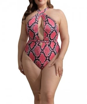 One-Pieces Women Plus Size Swimsuits One Piece Sexy Deep V Self Tie Halter Monokinis - Bk11 Red Snakeskin - CU1900YMNRE