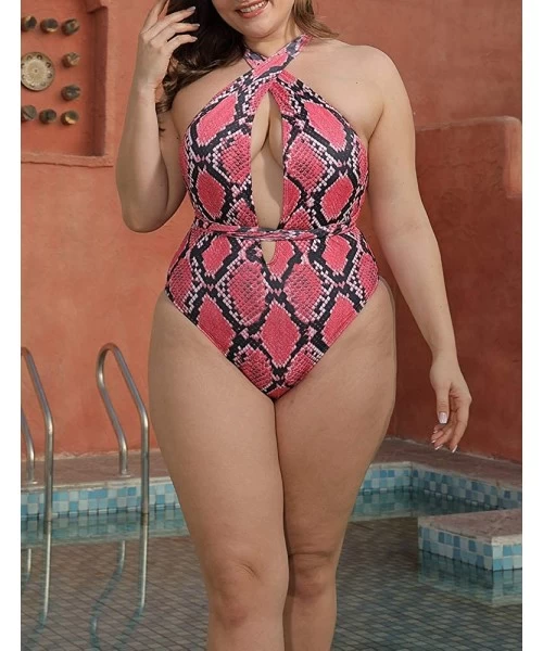 One-Pieces Women Plus Size Swimsuits One Piece Sexy Deep V Self Tie Halter Monokinis - Bk11 Red Snakeskin - CU1900YMNRE