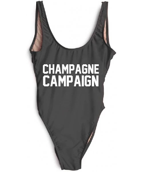 One-Pieces Champagne Campaign Letter Plus Size Swimwear Party Sexy Bodysuit Beachwear - Black White - C418CT65K22