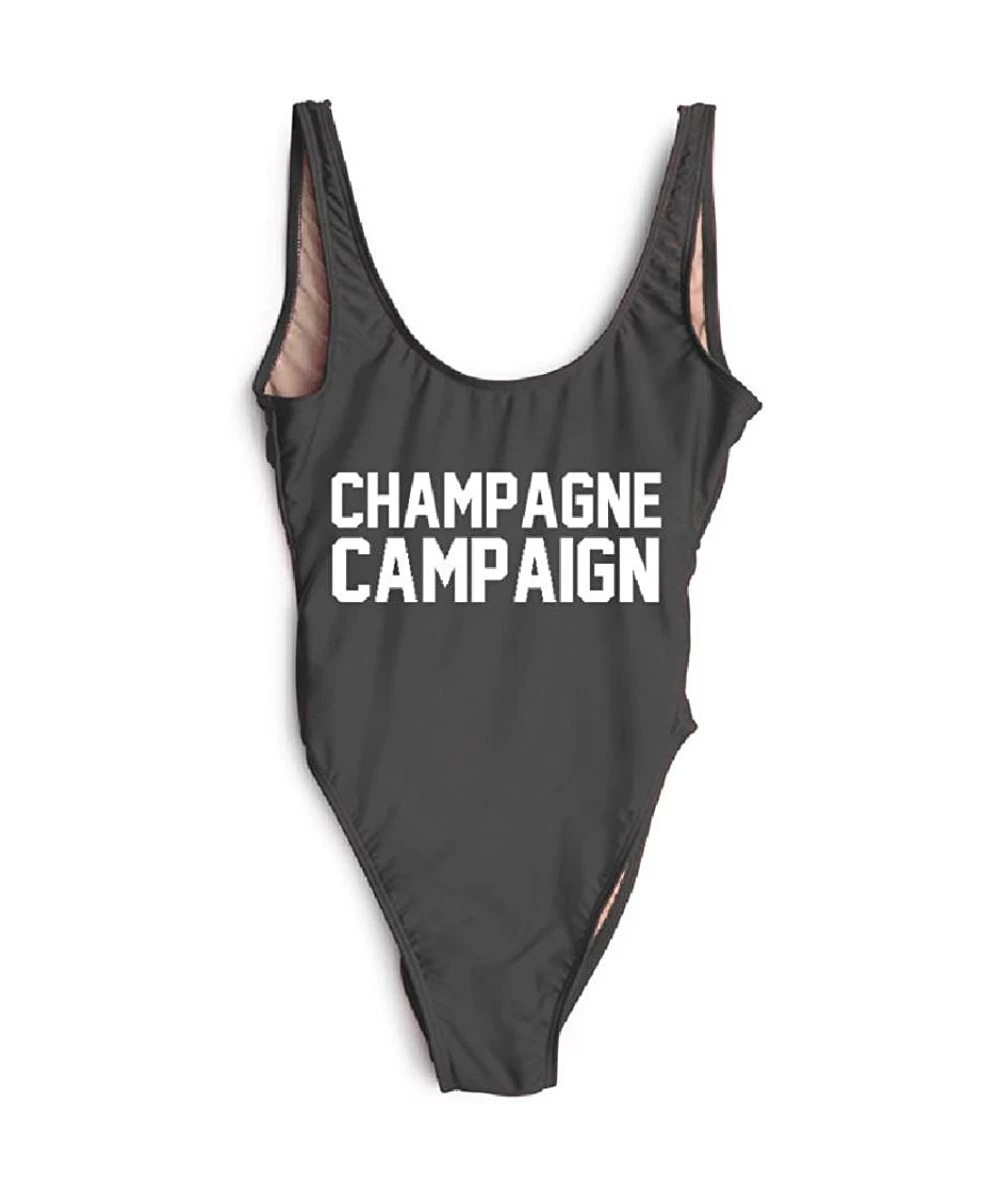 One-Pieces Champagne Campaign Letter Plus Size Swimwear Party Sexy Bodysuit Beachwear - Black White - C418CT65K22