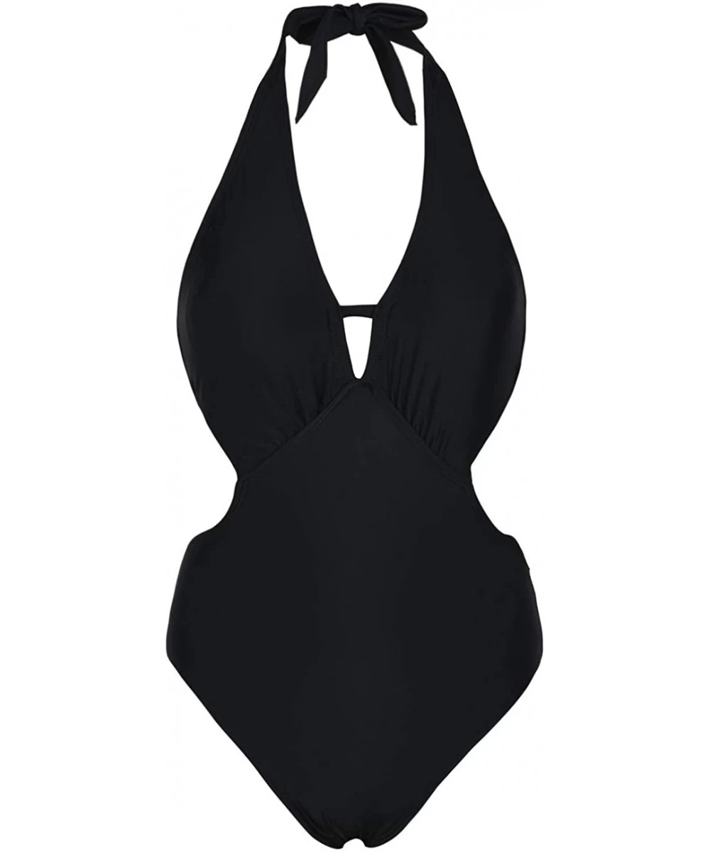 One-Pieces Women's Sexy One Piece Swimwear Deep V Halter Backless Swimsuit - Black - C518O2DCXAQ