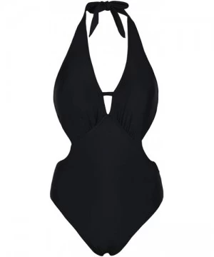 One-Pieces Women's Sexy One Piece Swimwear Deep V Halter Backless Swimsuit - Black - C518O2DCXAQ