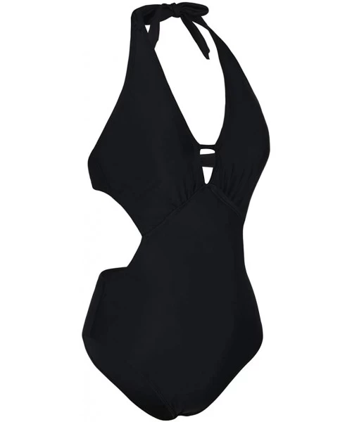 One-Pieces Women's Sexy One Piece Swimwear Deep V Halter Backless Swimsuit - Black - C518O2DCXAQ