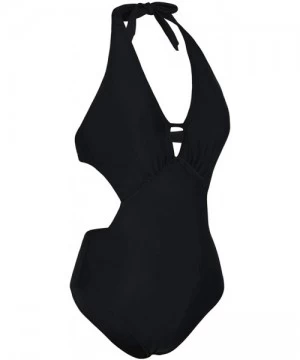 One-Pieces Women's Sexy One Piece Swimwear Deep V Halter Backless Swimsuit - Black - C518O2DCXAQ