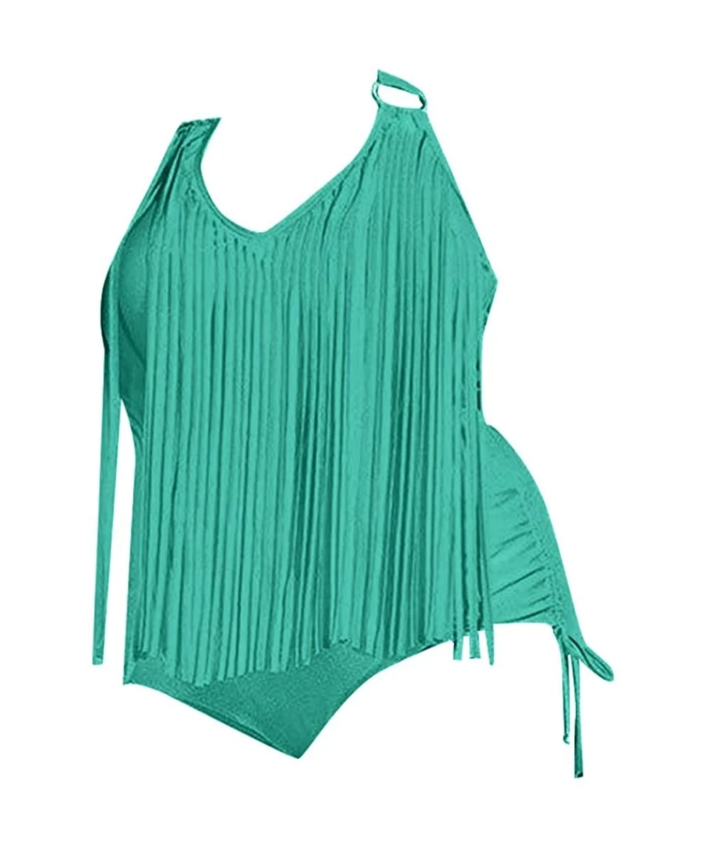 One-Pieces US Women Plus Size One Piece Tassels Bikini Monokini Swimwear Beach Bathing Suit - Mint Green - CC18RZEZIR2