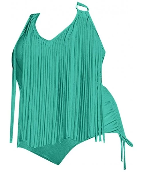 One-Pieces US Women Plus Size One Piece Tassels Bikini Monokini Swimwear Beach Bathing Suit - Mint Green - CC18RZEZIR2